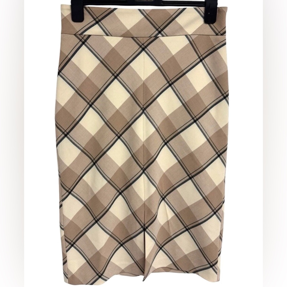 *NWT! ANN TAYLOR, Tartan Plaid (Lined) Midi Pencil Skirt,SZ-8,“Tan/Cream/Black